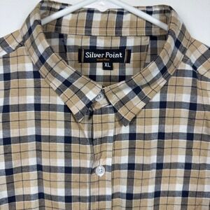 Mens Silver‎ Point Plaid Button Down Short Sleeve Shirt XL Casual